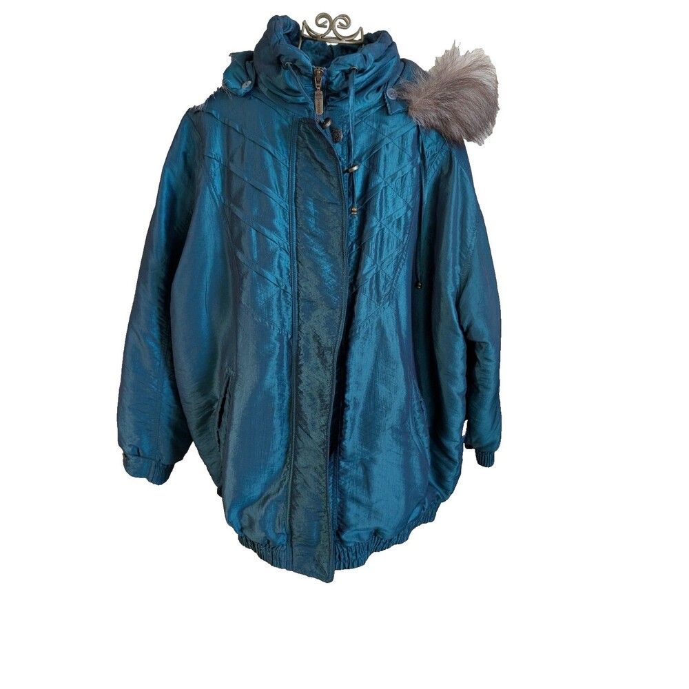 IZZI OUTERWEAR Fox Fur Trim Jacket Teal Iridescent Blue-Green Good Used